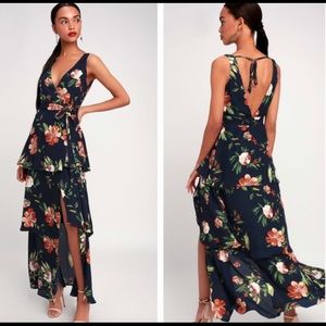 Lulu’s Navy Floral Maxi Wrap Dress Size Small